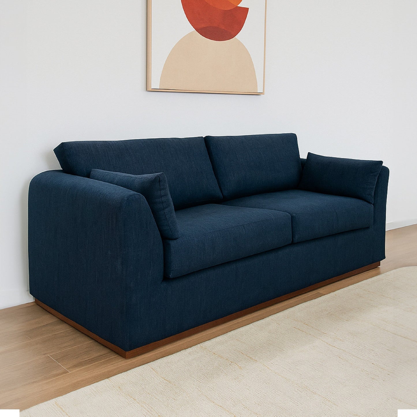 Divano Sian, poliestere blu navy, 2 cuscini decorativi, legno di pino massello, 90 pollici