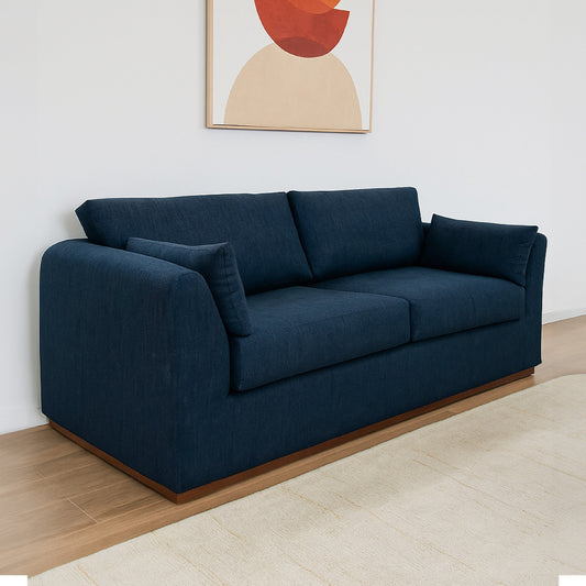 Divano Sian, poliestere blu navy, 2 cuscini decorativi, legno di pino massello, 90 pollici