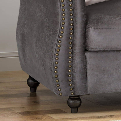 Divano Chesterfield Slate 84.75 imbottito con bottoni, 3 posti, borchie e gambe in legno per soggiorno