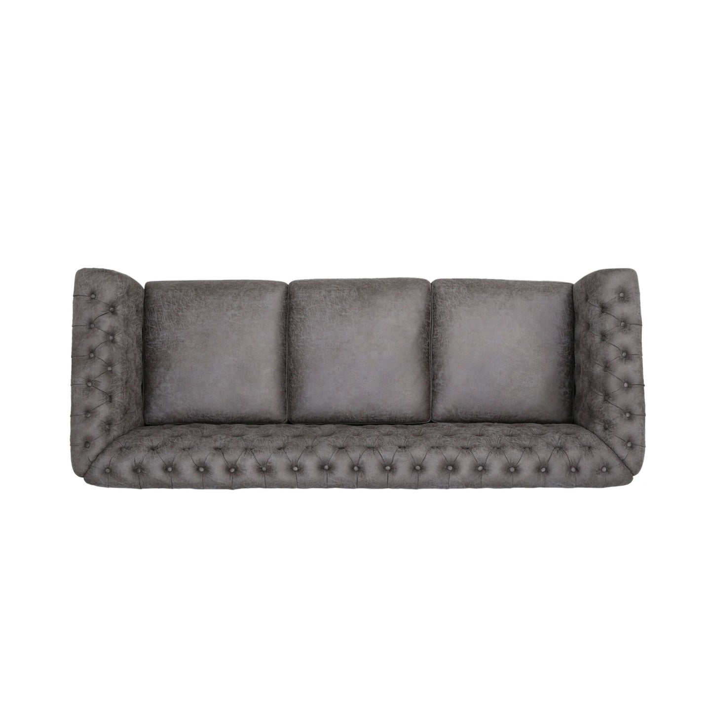 Divano Chesterfield Slate 84.75 imbottito con bottoni, 3 posti, borchie e gambe in legno per soggiorno