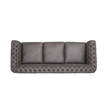 Divano Chesterfield Slate 84.75 imbottito con bottoni, 3 posti, borchie e gambe in legno per soggiorno