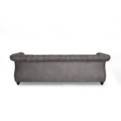 Divano Chesterfield Slate 84.75 imbottito con bottoni, 3 posti, borchie e gambe in legno per soggiorno