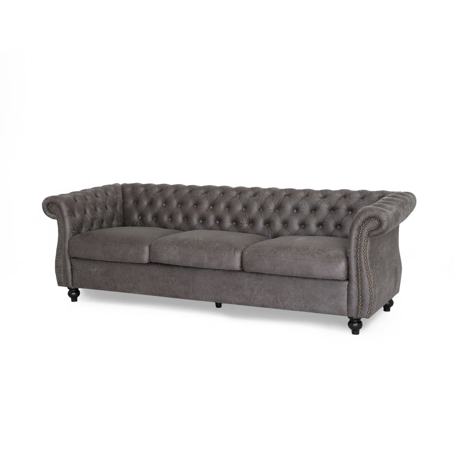 Divano Chesterfield Slate 84.75 imbottito con bottoni, 3 posti, borchie e gambe in legno per soggiorno