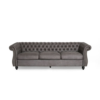Divano Chesterfield Slate 84.75 imbottito con bottoni, 3 posti, borchie e gambe in legno per soggiorno