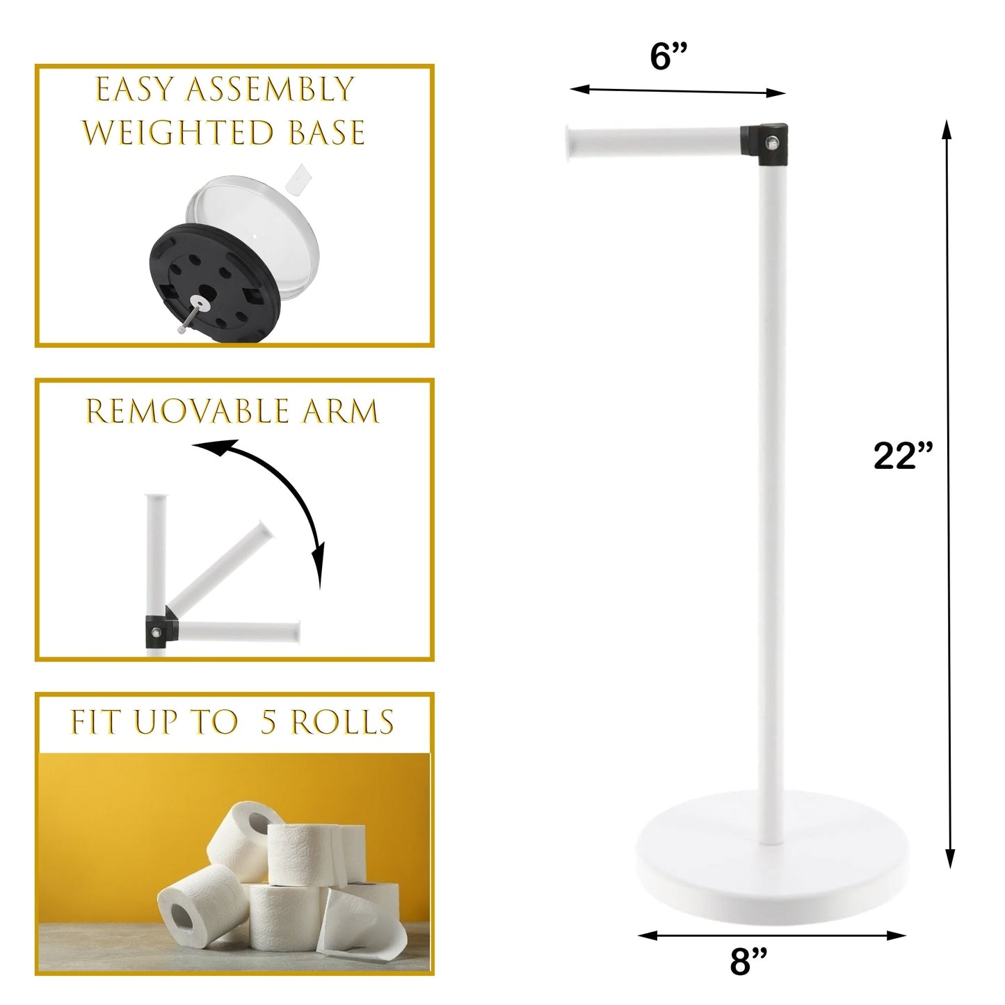 Porta carta igienica elegante con braccio pieghevole e supporto compatto in metallo indipendente - Diametro 8 pollici X 22 H