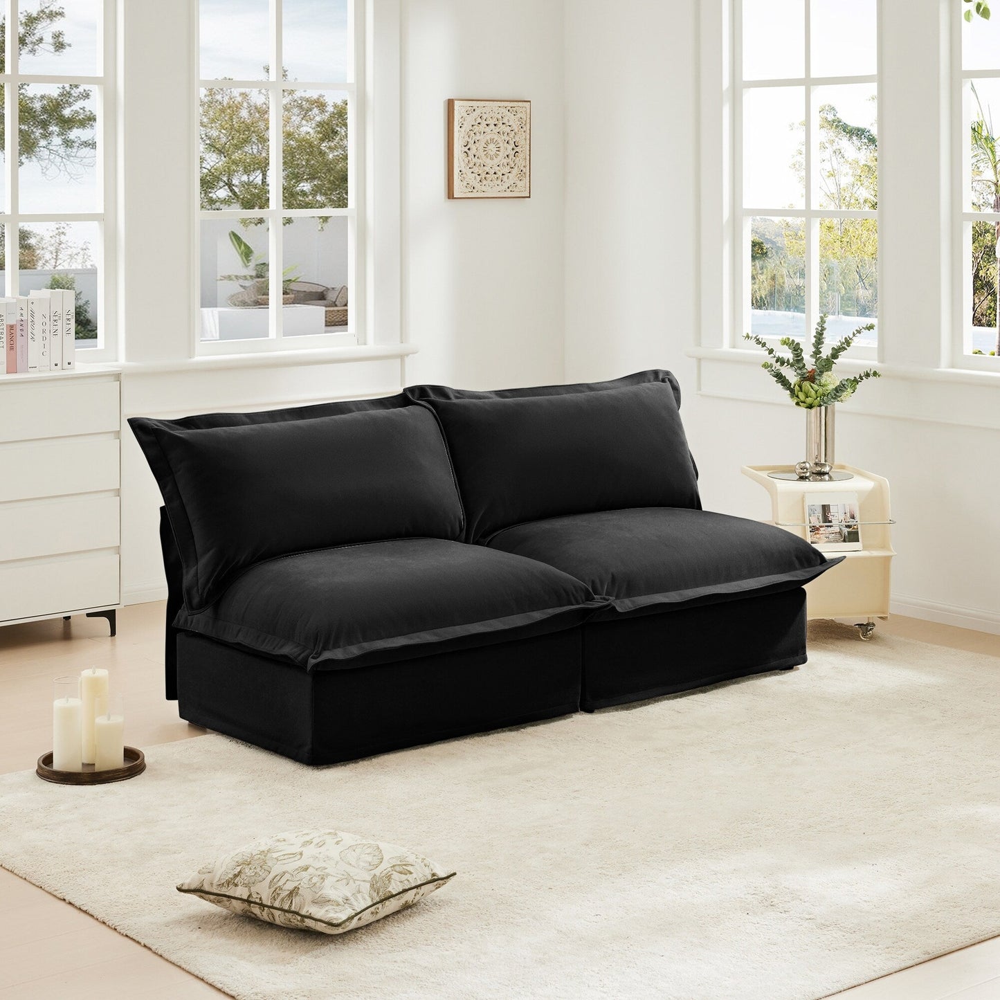 Divano a 2 posti senza braccioli con rivestimento foderato, divano con rivestimento foderato convertibile a combinazione libera