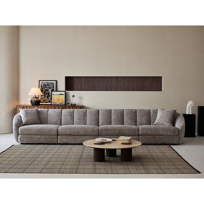 Divano componibile rettangolare in tessuto ciniglia con braccioli inclinati, divano a conchiglia