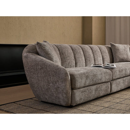 Divano componibile rettangolare in tessuto ciniglia con braccioli inclinati, divano a conchiglia