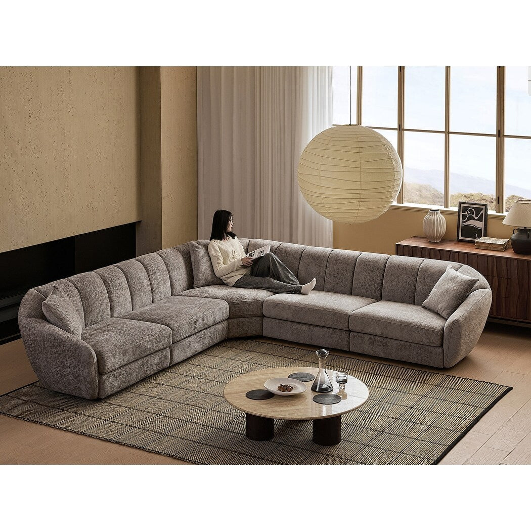 Divano componibile rettangolare in tessuto ciniglia con braccioli inclinati, divano a conchiglia