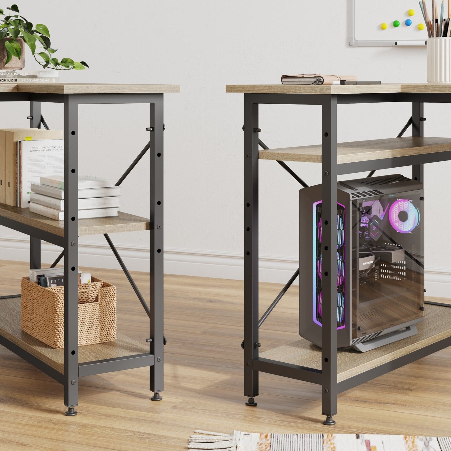 Piccola scrivania a L con ripiani portaoggetti, scrivania angolare per computer