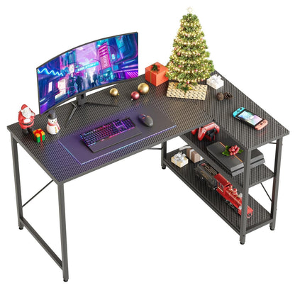 Piccola scrivania a L con ripiani portaoggetti, scrivania angolare per computer