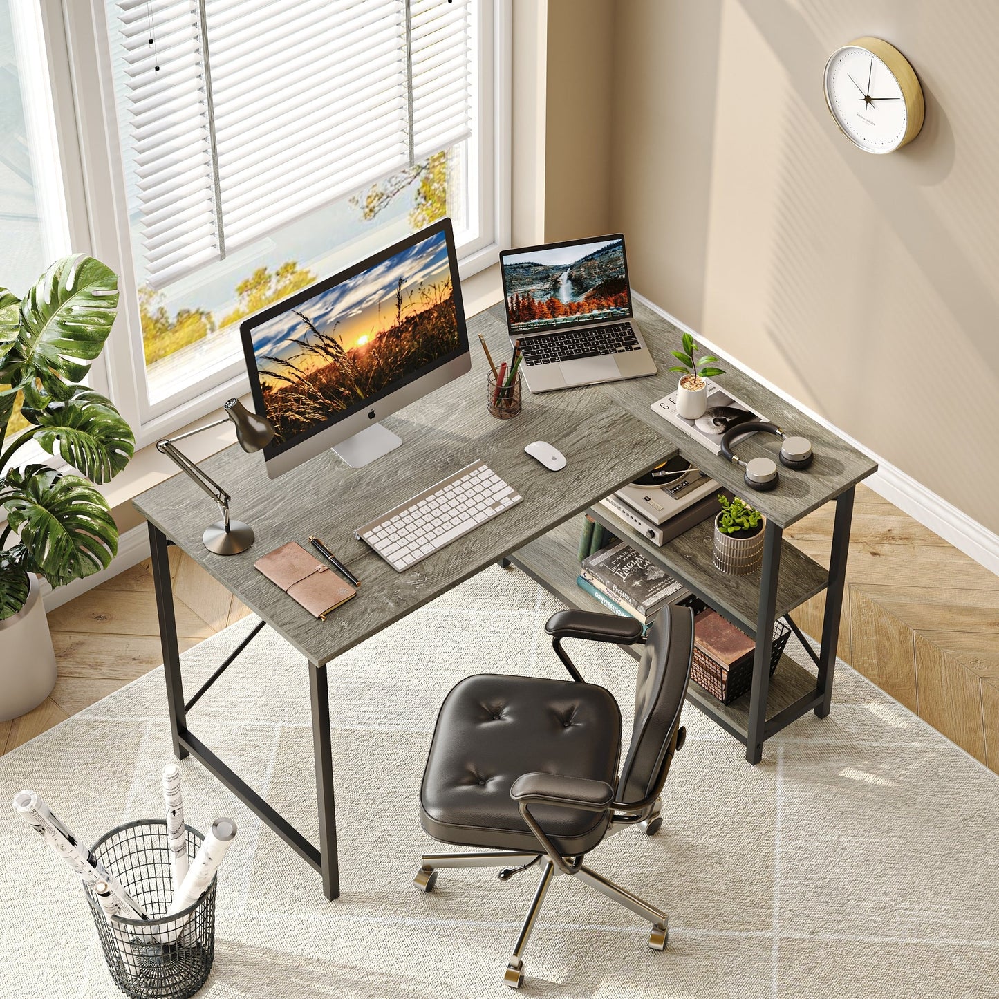 Piccola scrivania a L con ripiani portaoggetti, scrivania angolare per computer