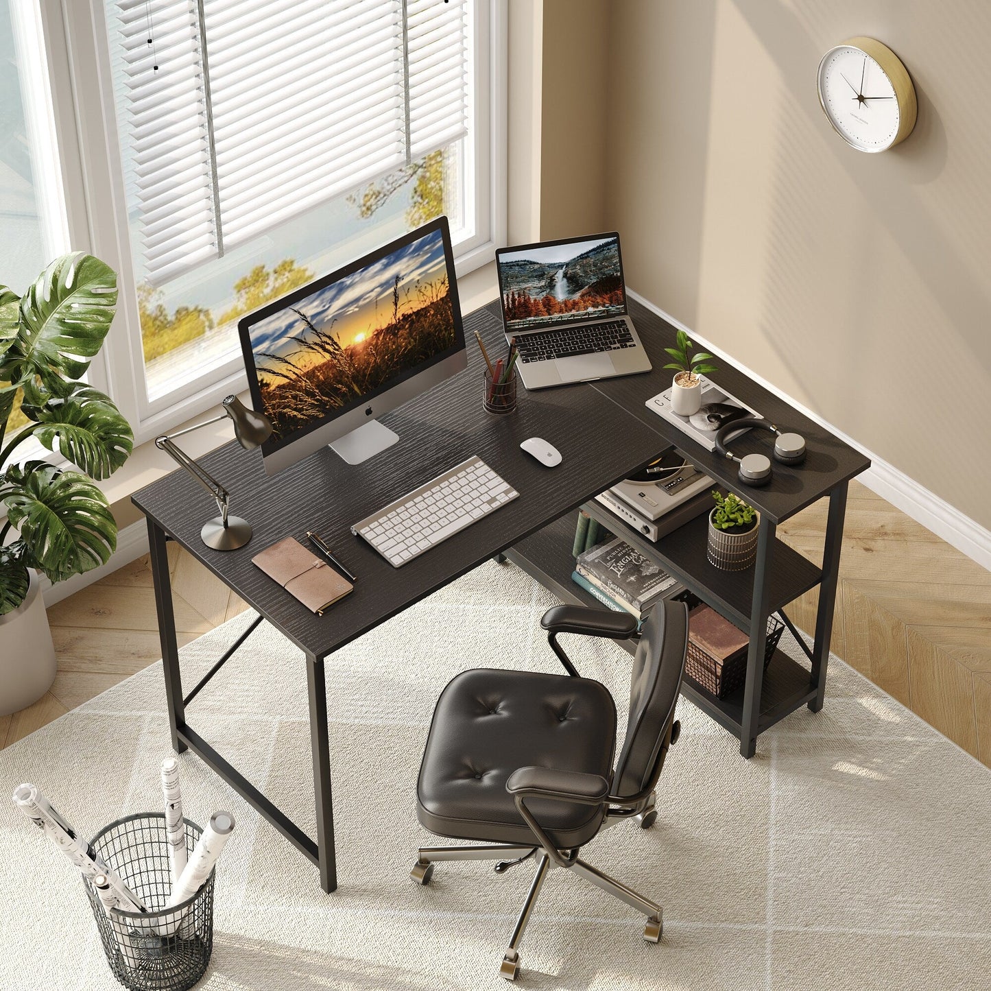 Piccola scrivania a L con ripiani portaoggetti, scrivania angolare per computer