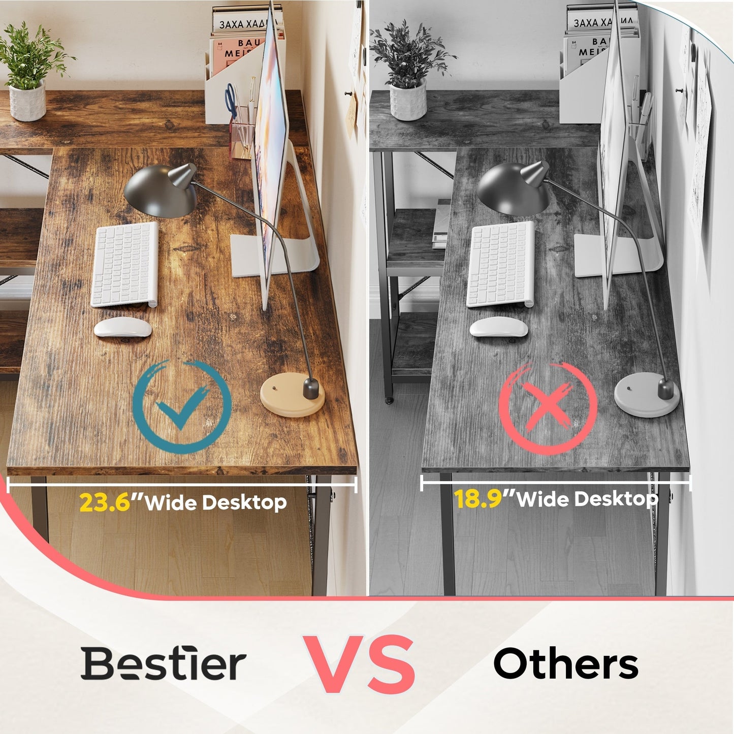 Piccola scrivania a L con ripiani portaoggetti, scrivania angolare per computer