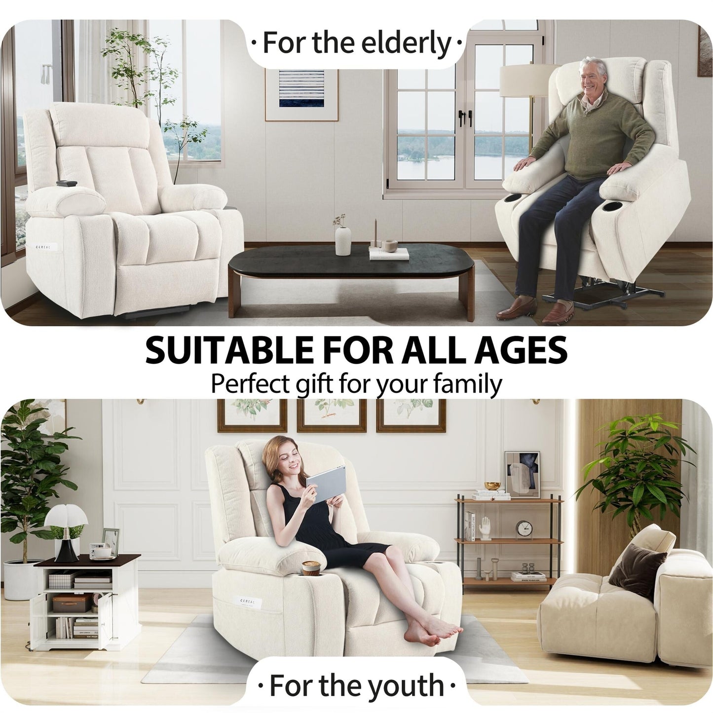 Poltrona reclinabile elettrica in tessuto di velluto a fiocco di neve con poggiapiedi esteso