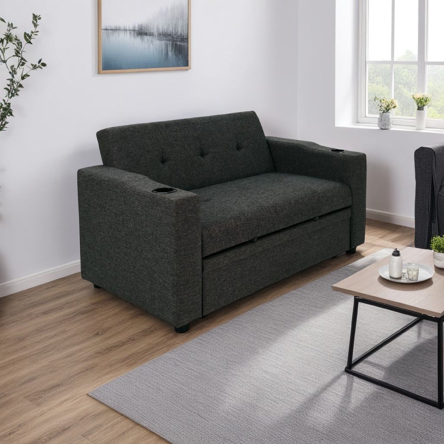 Divano letto Soen con letto estraibile, 2 cuscini, grigio antracite