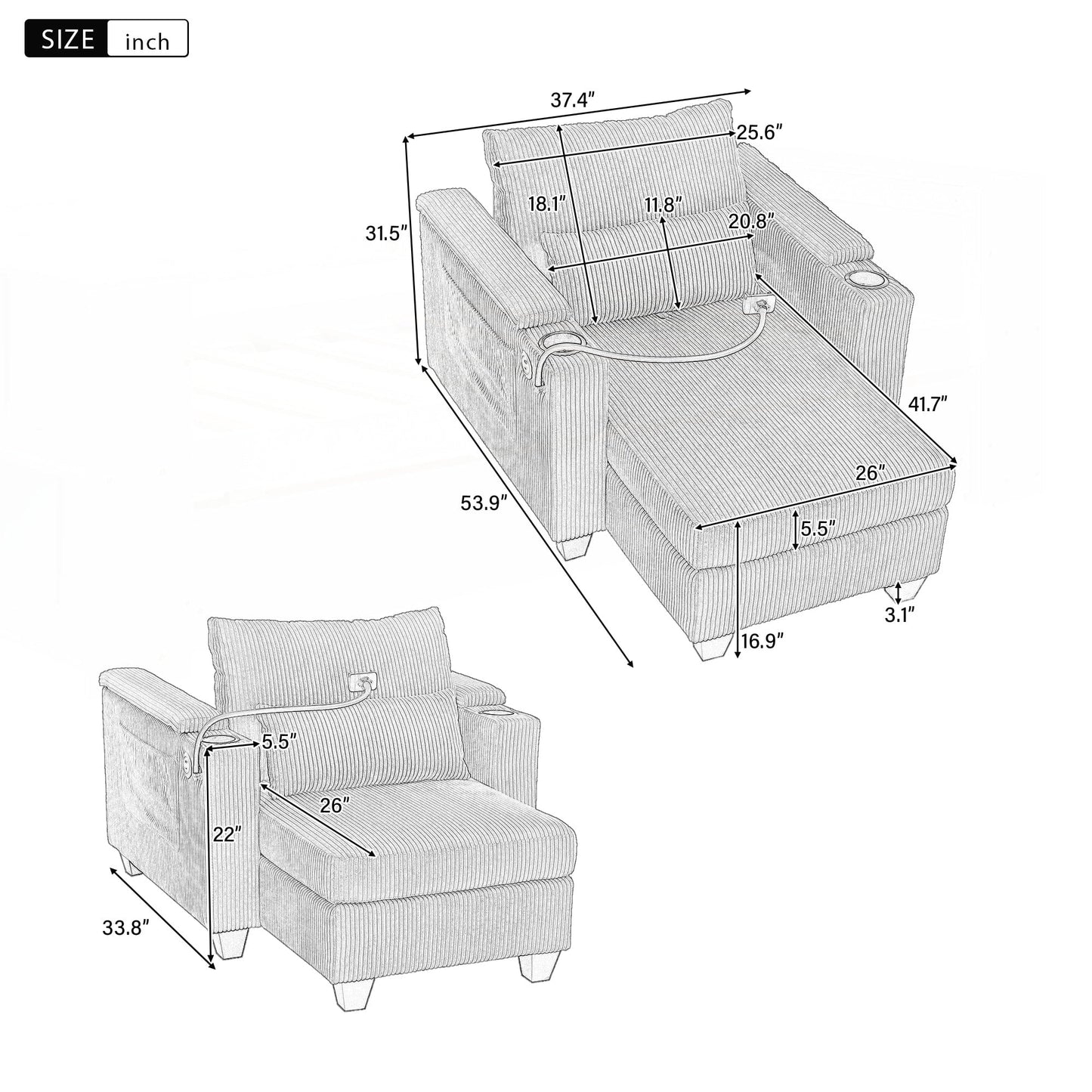 Divano letto in velluto a coste con porte USB