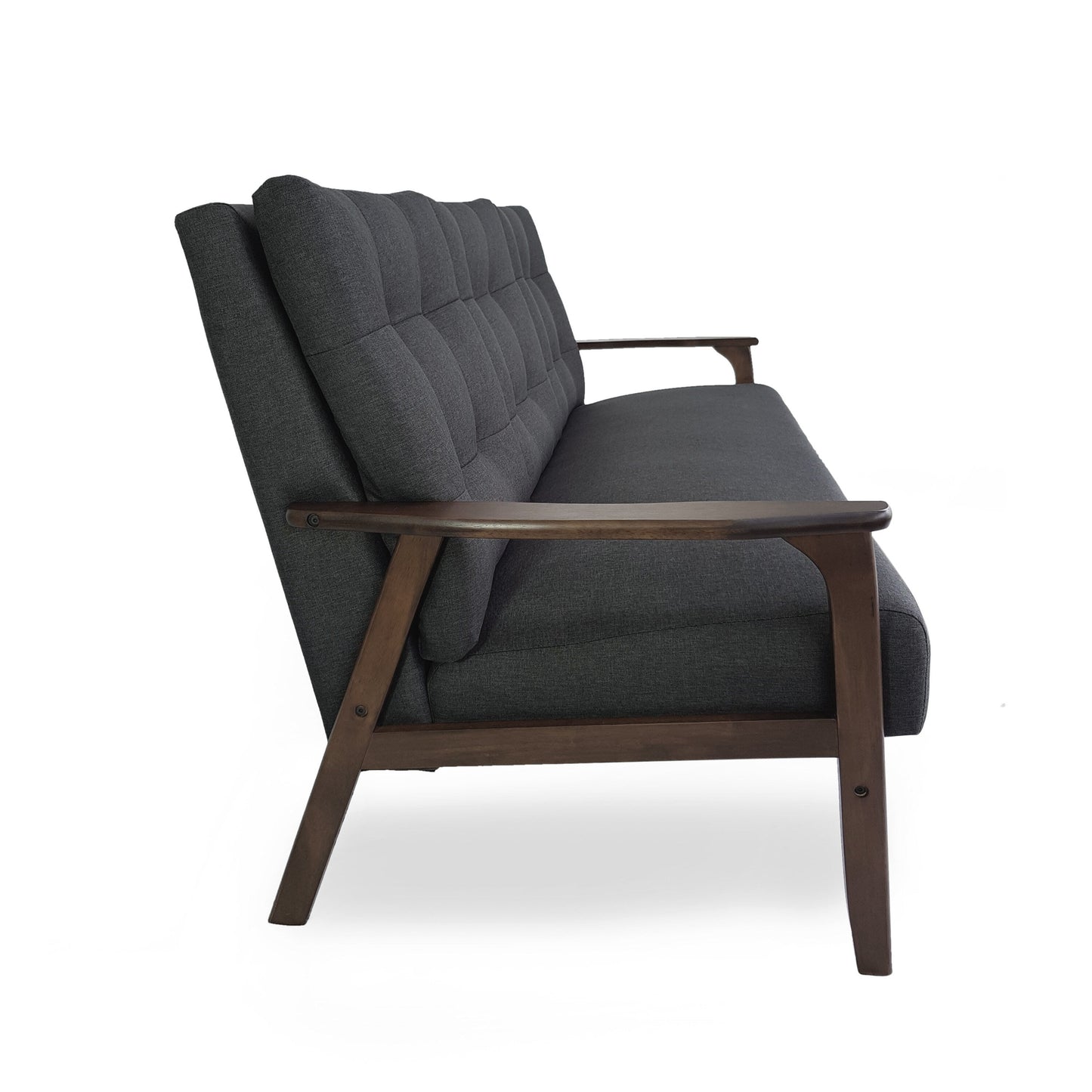 Divano, 66 pollici, design capitonné con bottoni, tessuto grigio scuro, legno di betulla