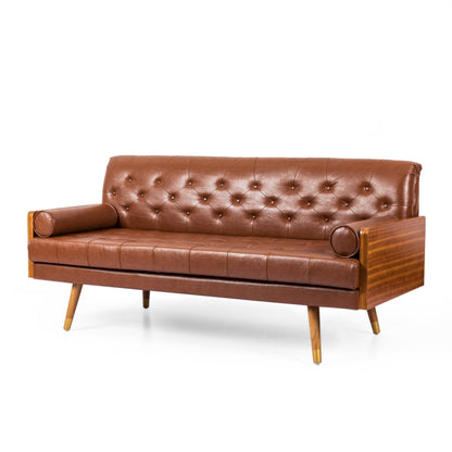 Divano Chesterfield moderno da 72 pollici, imbottito con bottoni, in similpelle marrone