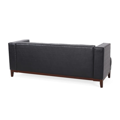 Divano, 3 posti da 81 pollici, in similpelle nera trapuntata, struttura in legno marrone