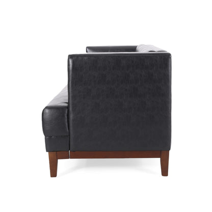 Divano, 3 posti da 81 pollici, in similpelle nera trapuntata, struttura in legno marrone