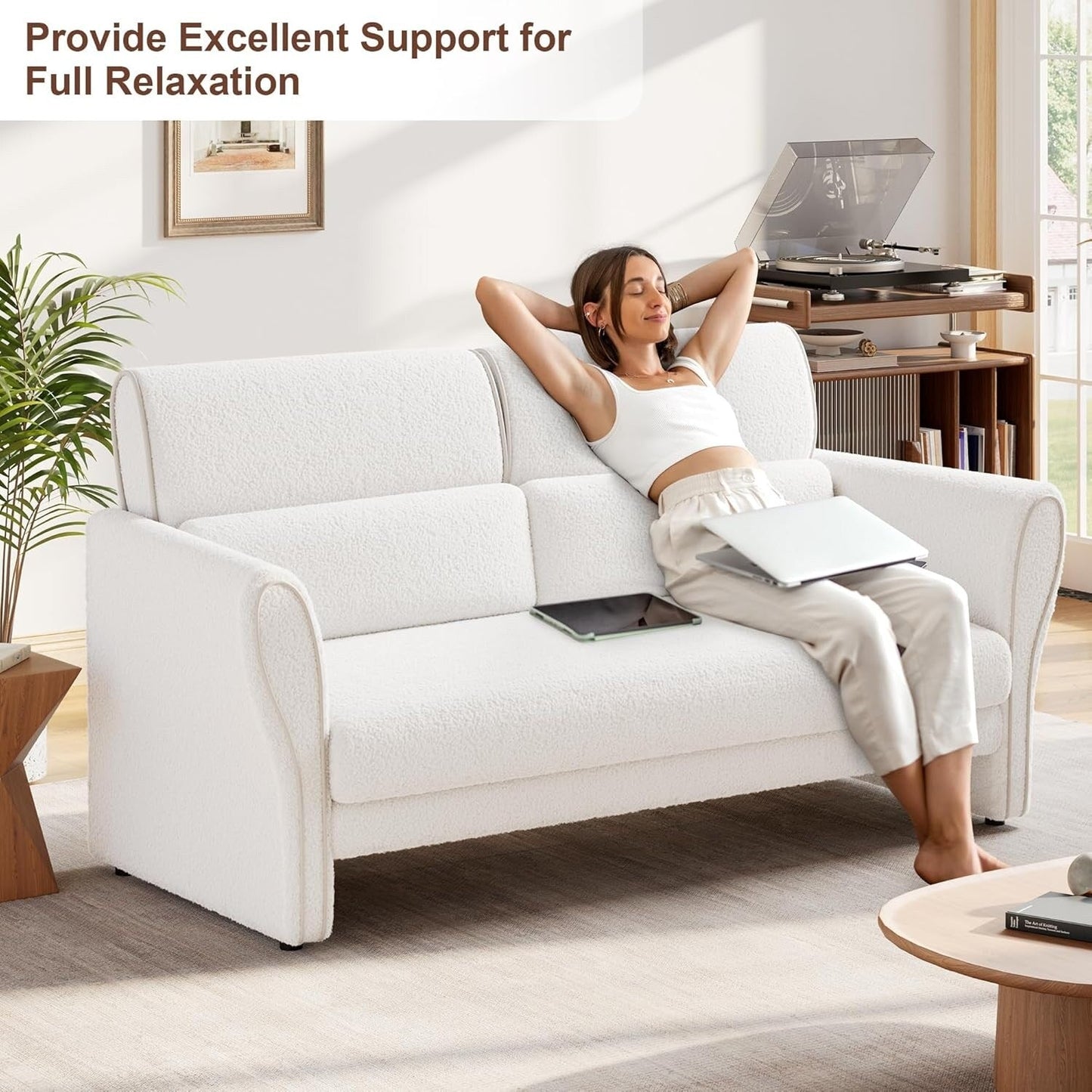 Divano, poltrona moderna in boucle, poltrona imbottita in peluche, comoda poltrona lounge