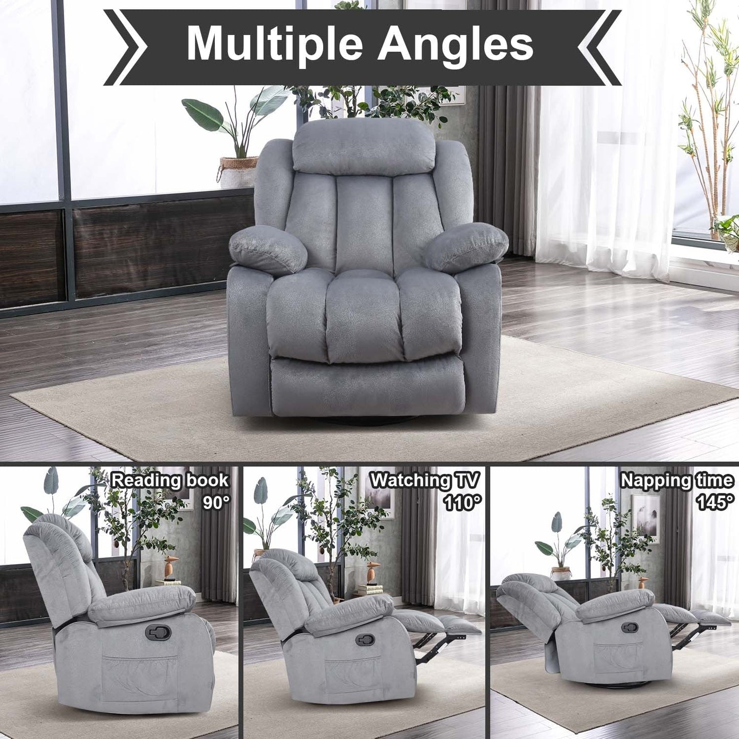 Poltrona reclinabile manuale con rivestimento in tessuto morbido, massaggiante e calore