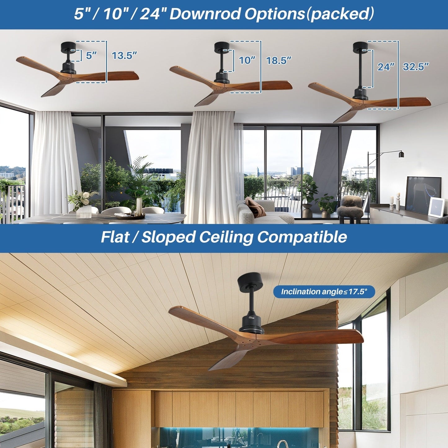 Ventilatore da soffitto in legno per interni Sofucor 52 con telecomando, luce integrata opzionale