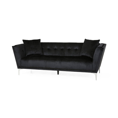 Divano Sofy, Chesterfield moderno da 87 pollici in velluto nero elegante con 2 cuscini