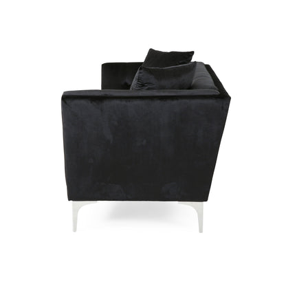 Divano Sofy, Chesterfield moderno da 87 pollici in velluto nero elegante con 2 cuscini