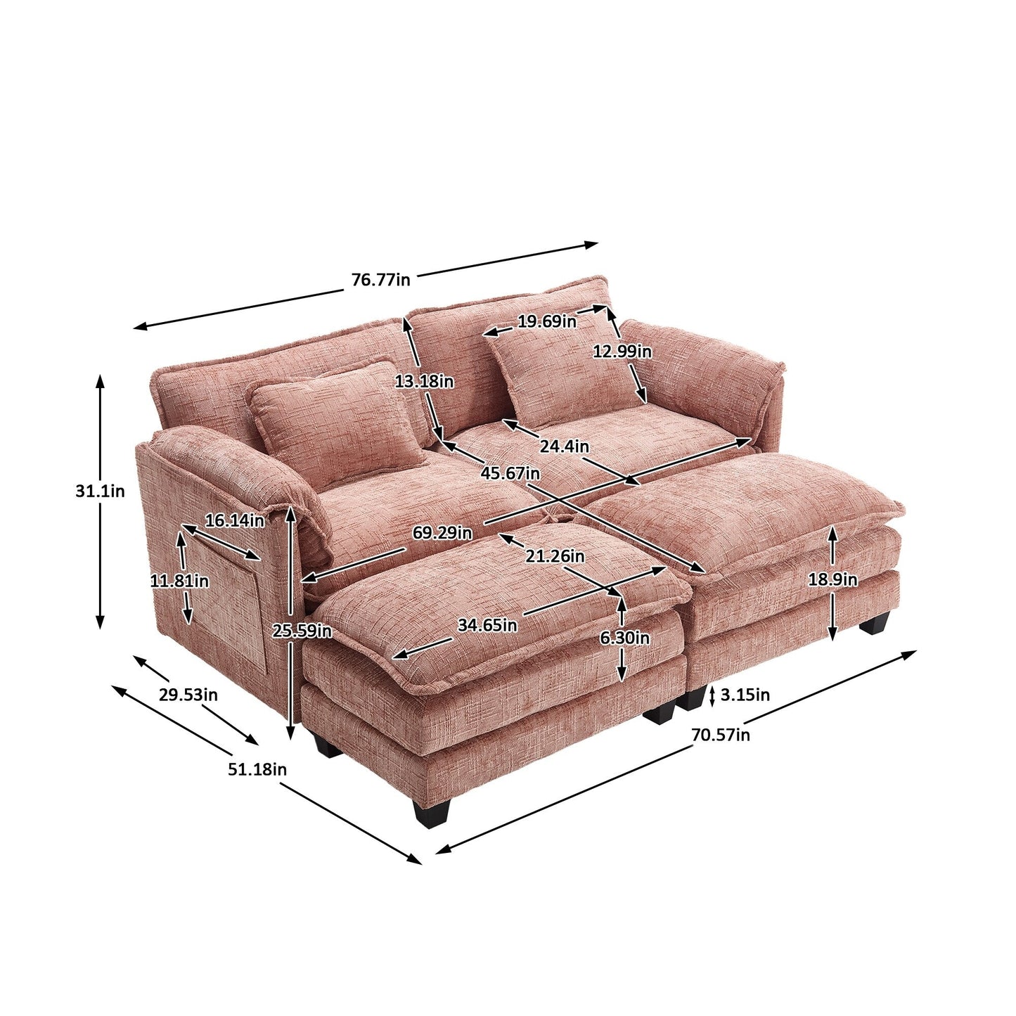 Costruzione solida, la struttura complessiva del divano è stabile, due sgabelli e divano a due posti con tasche laterali