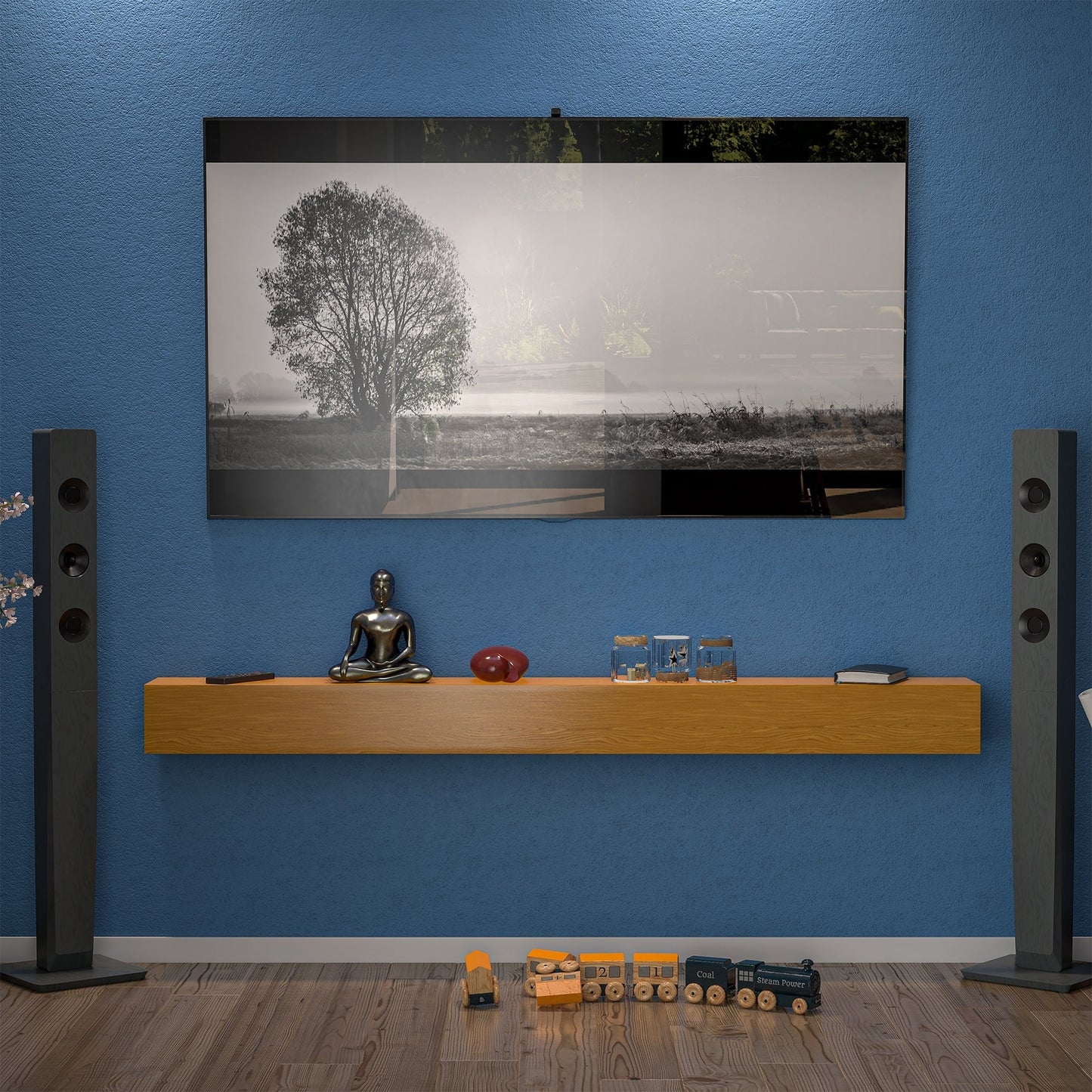 Mensola sospesa per camino in pino massello da parete