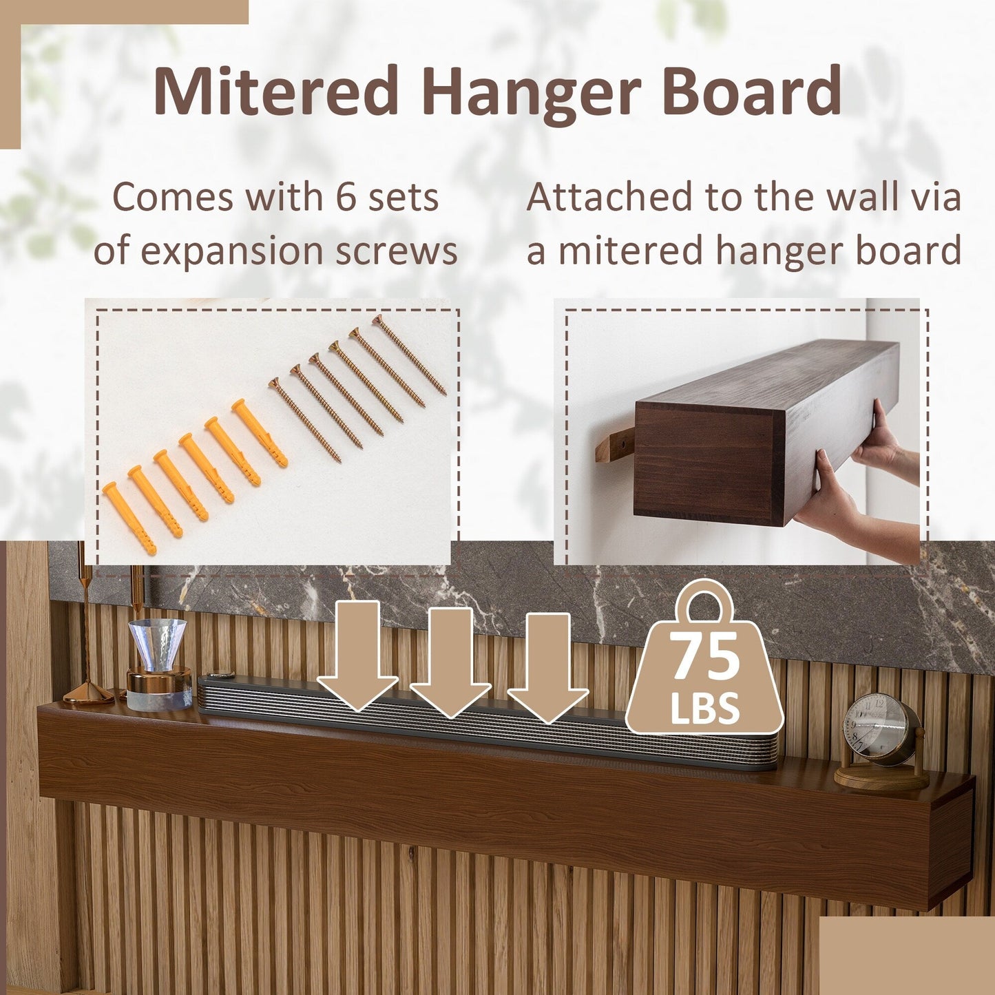 Mensola sospesa per camino in pino massello da parete