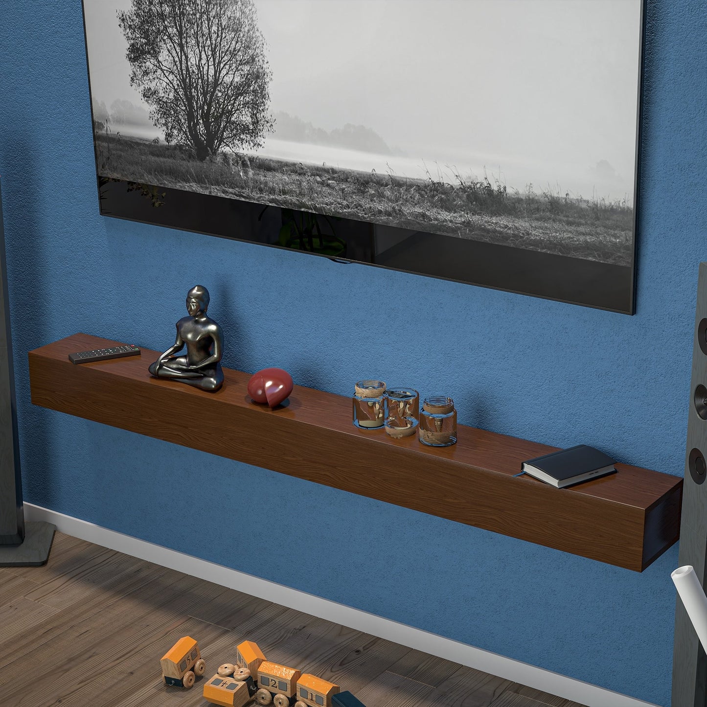 Mensola sospesa per camino in pino massello da parete