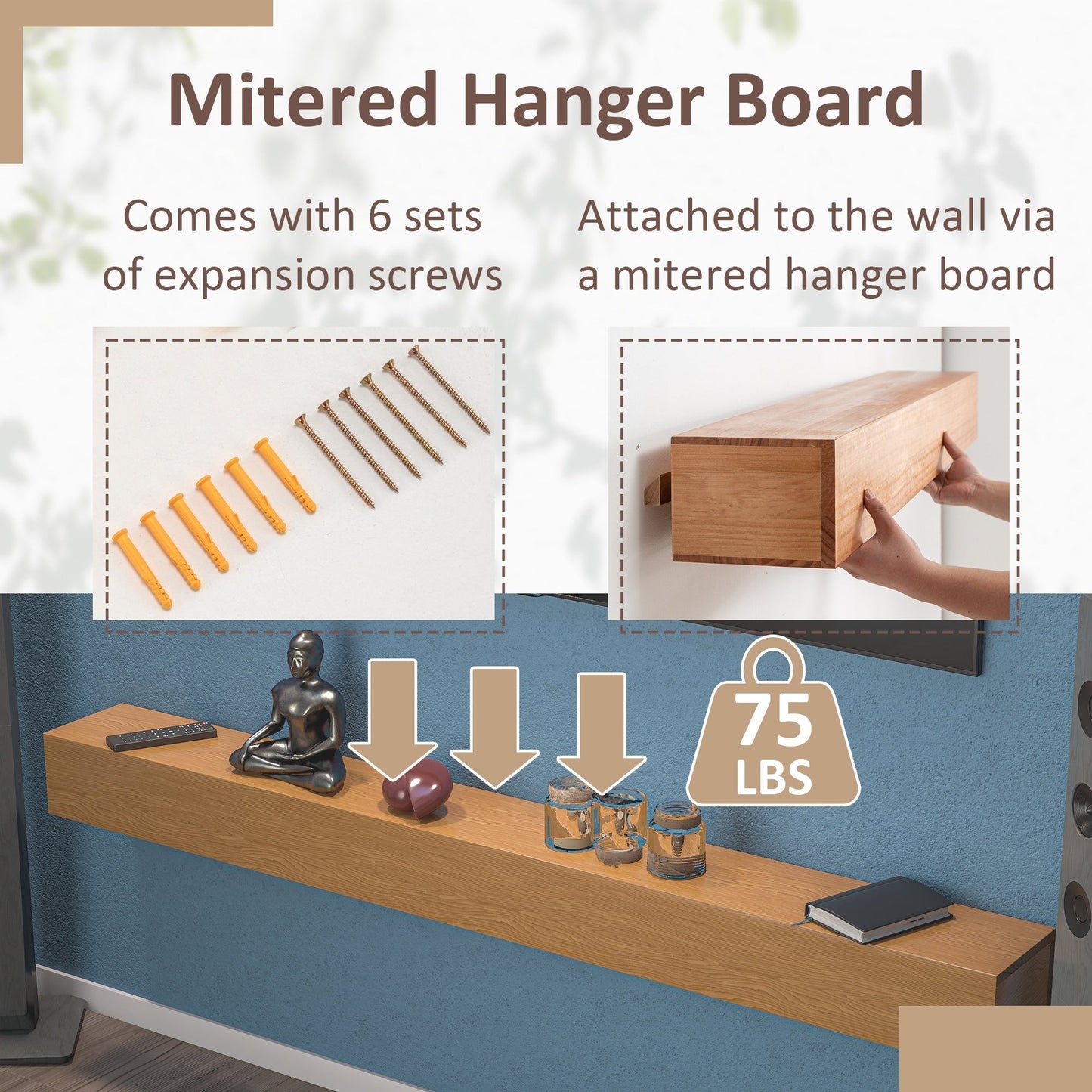 Mensola sospesa per camino in pino massello da parete