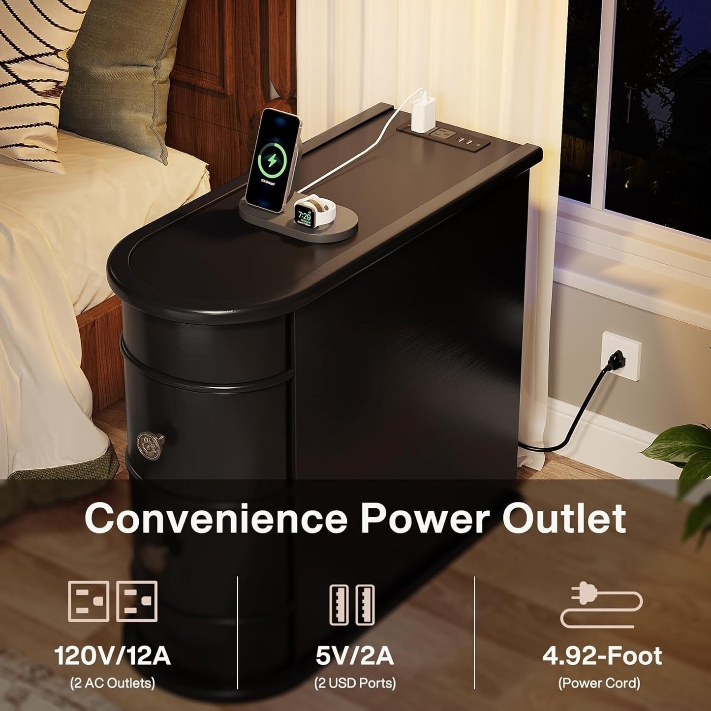 Tavolino laterale in legno massello, tavolino stretto a due cassetti sottile