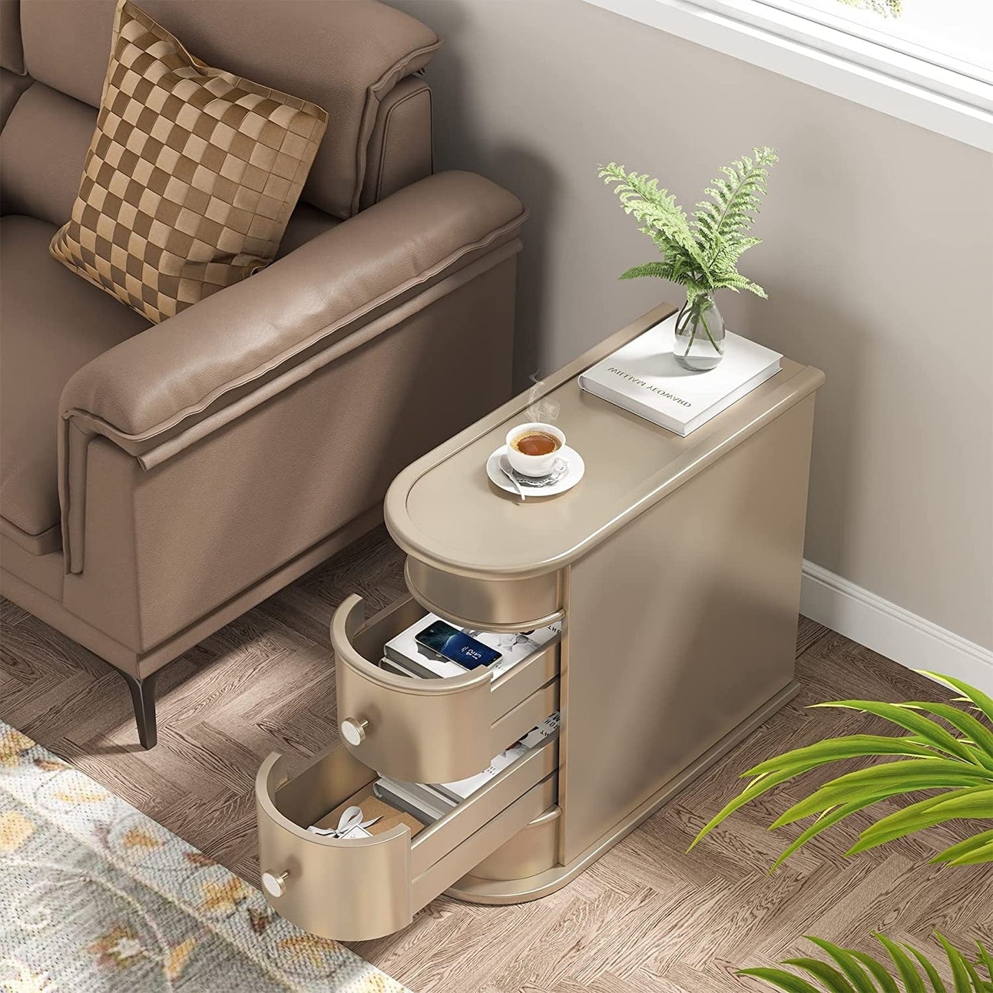 Tavolino laterale in legno massello, tavolino stretto a due cassetti sottile