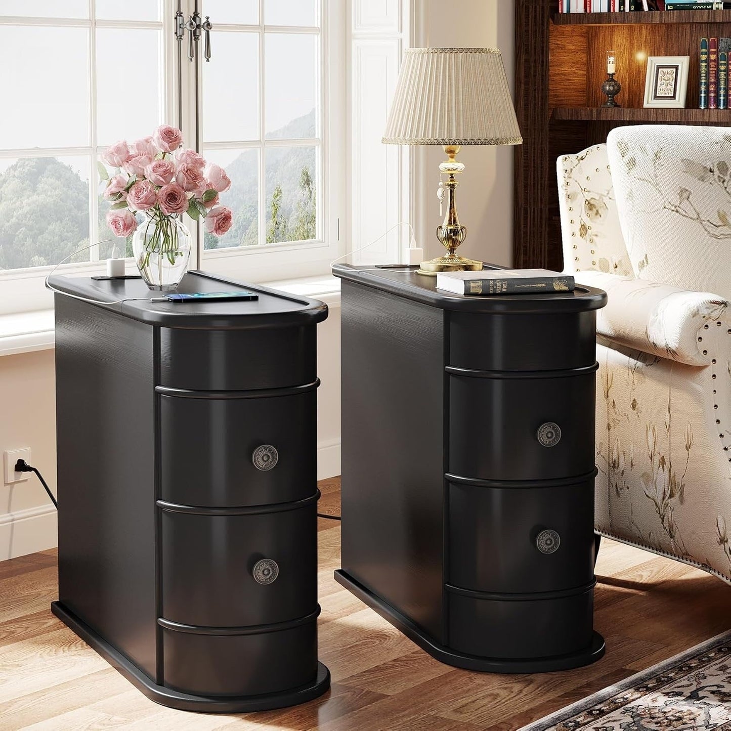 Tavolino laterale in legno massello, tavolino stretto a due cassetti sottile