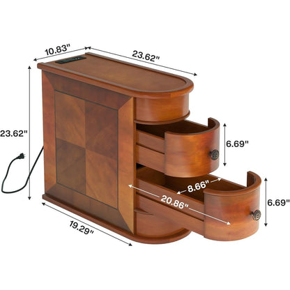 Tavolino laterale in legno massello, tavolino stretto a due cassetti sottile