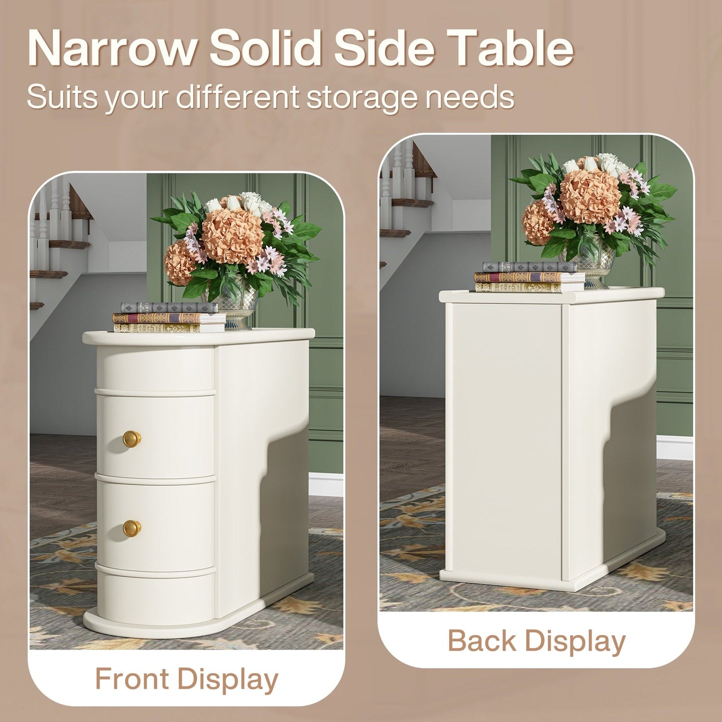 Tavolino laterale in legno massello, tavolino stretto a due cassetti sottile