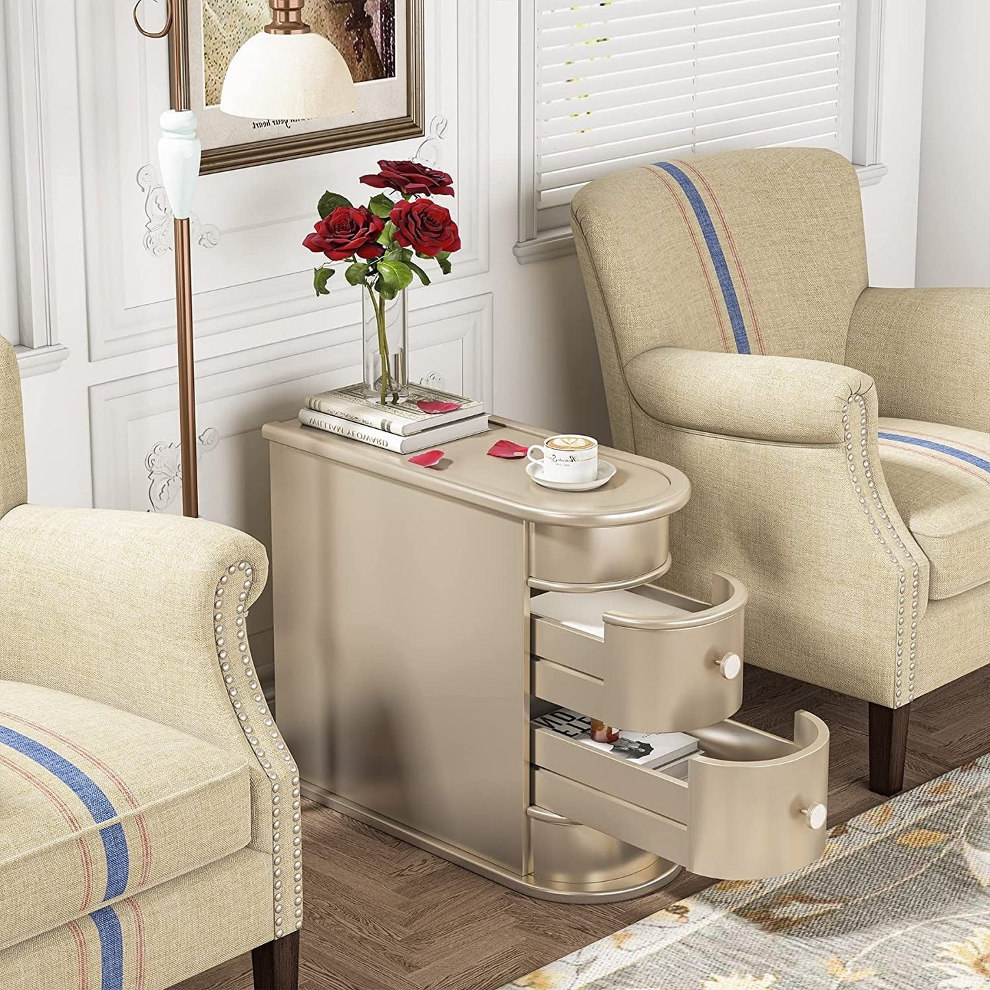 Tavolino laterale in legno massello, tavolino stretto a due cassetti sottile