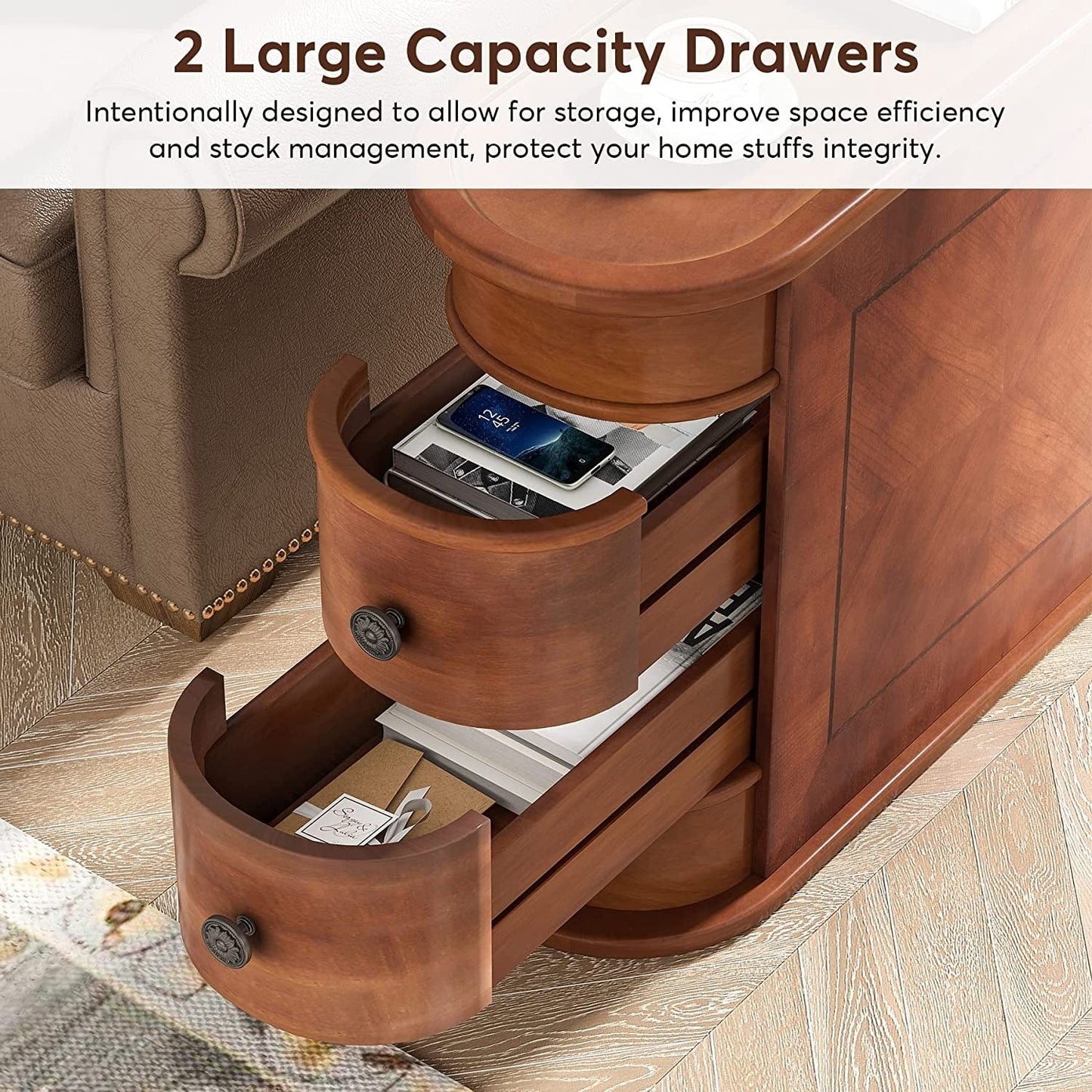 Tavolino laterale in legno massello, tavolino stretto a due cassetti sottile