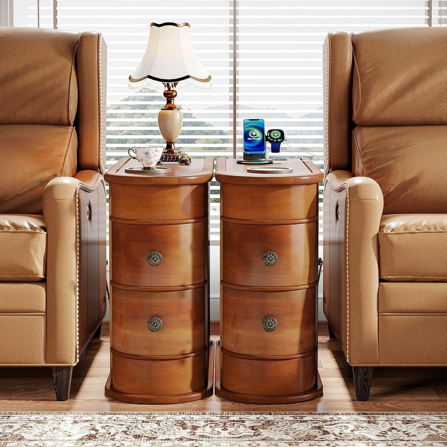 Tavolino laterale in legno massello, tavolino stretto a due cassetti sottile