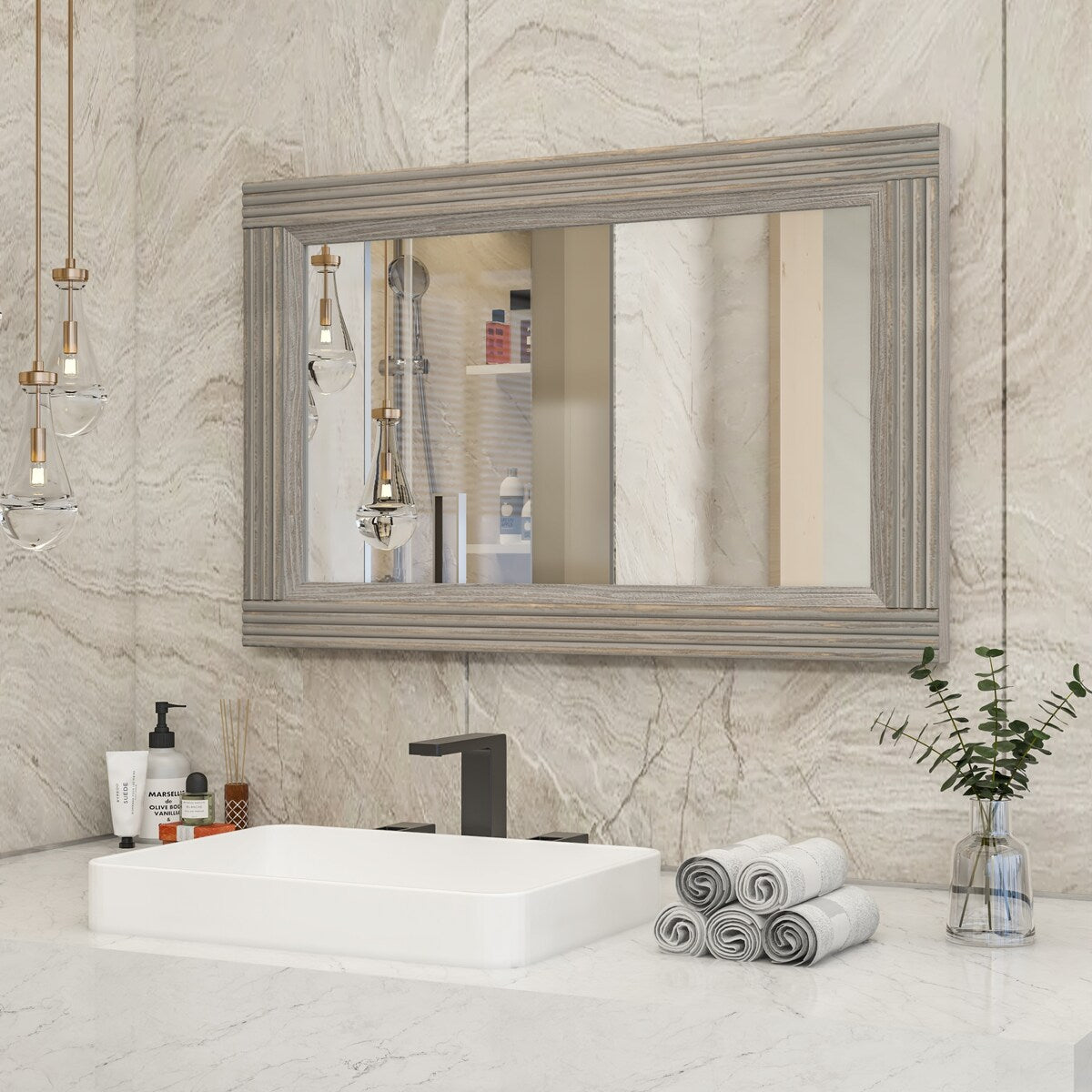 Specchio da bagno piatto con cornice in legno massello