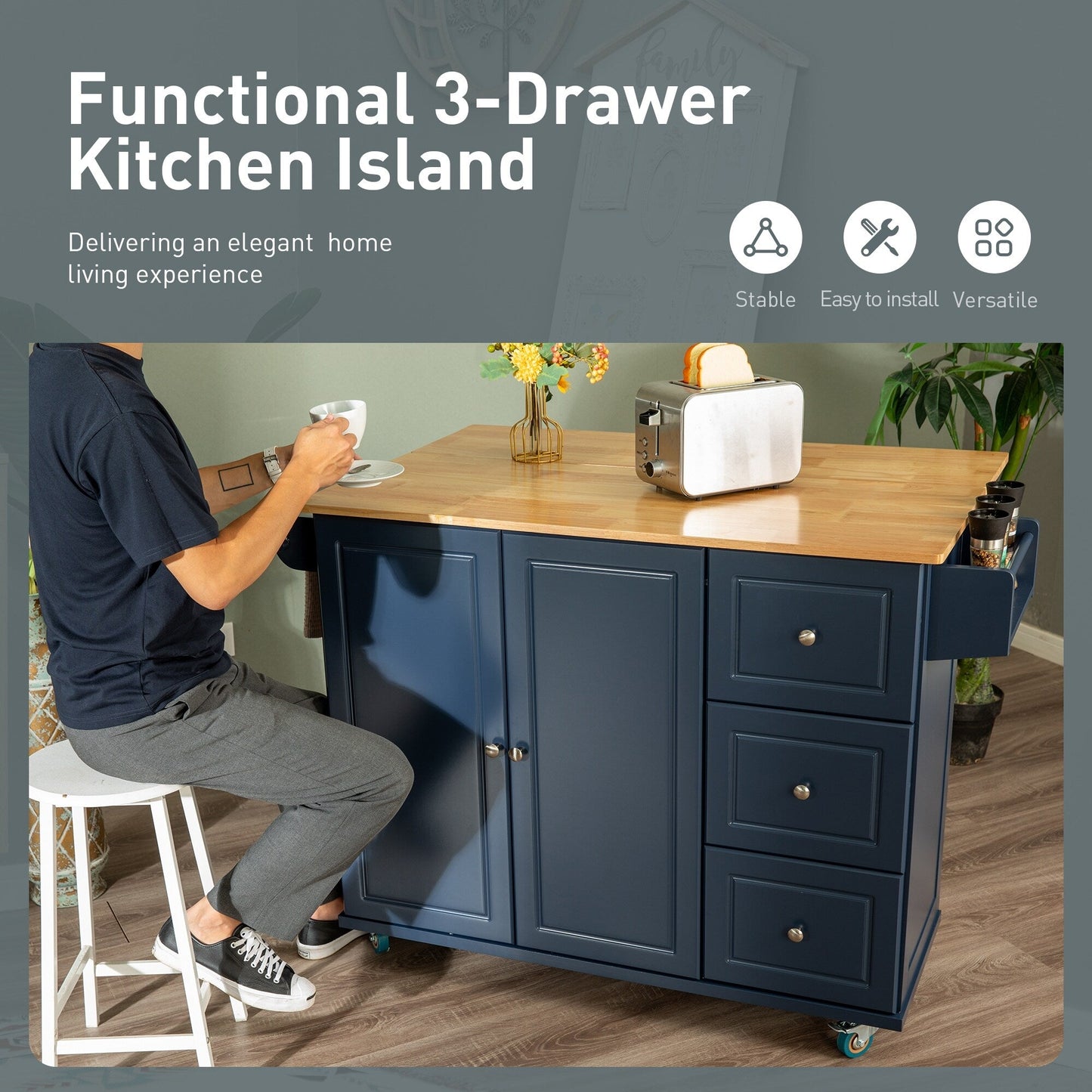 Carrello da cucina Sophia &amp; William con ribaltina e piano in legno di caucciù, carrello da cucina con ruote e ampio mobiletto portaoggetti