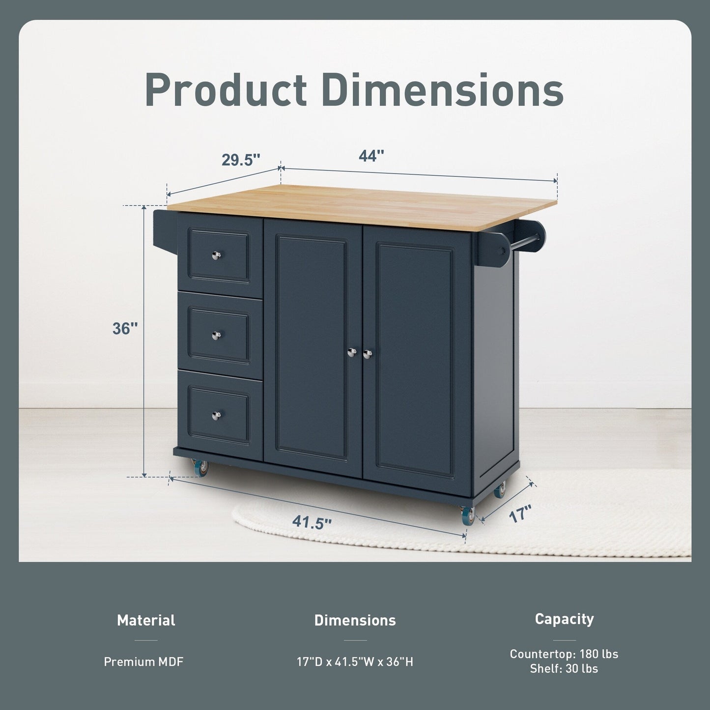Carrello da cucina Sophia &amp; William con ribaltina e piano in legno di caucciù, carrello da cucina con ruote e ampio mobiletto portaoggetti