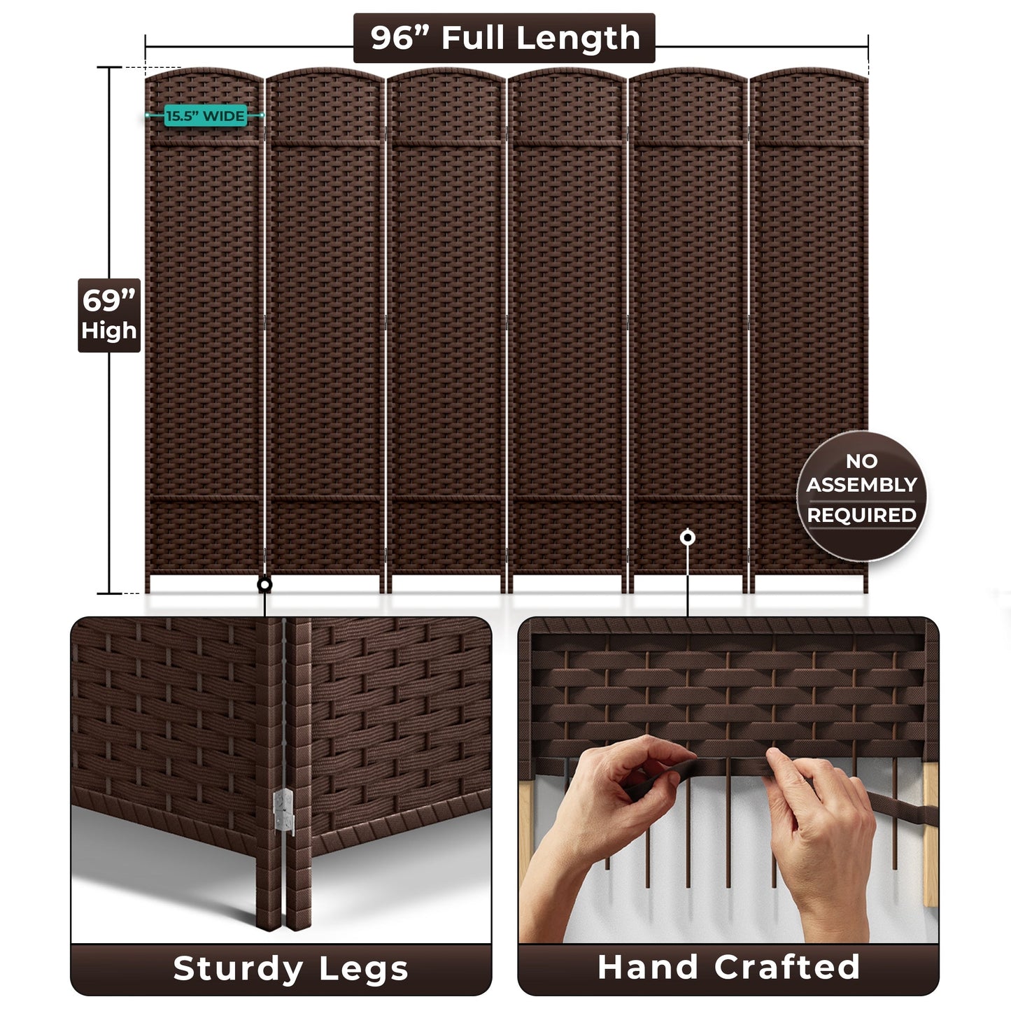 Divisorio per ambienti Sorbus a 6 pannelli, divisorio per la privacy alto, divisorio pieghevole extra largo con doppia cerniera, tessuto a mano, da parete - 6 piedi