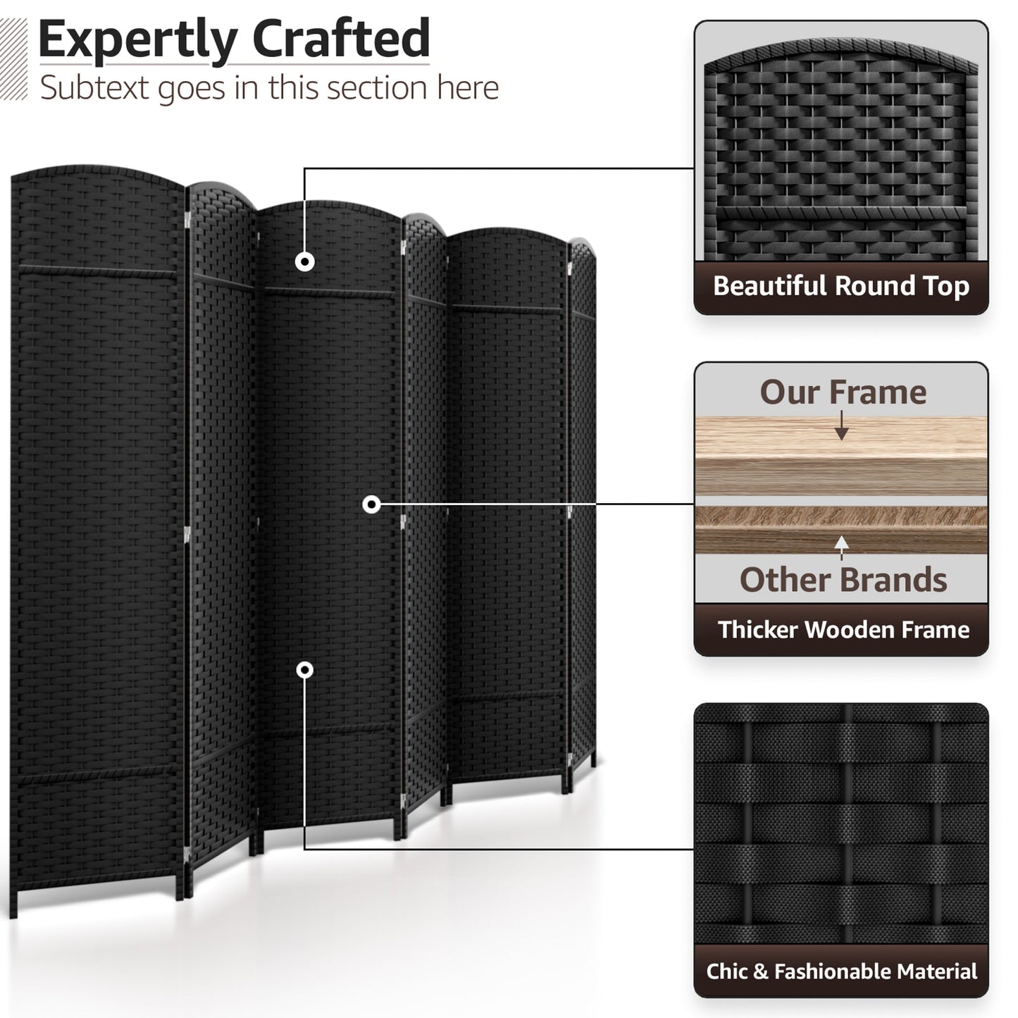 Divisorio per ambienti Sorbus a 6 pannelli, divisorio per la privacy alto, divisorio pieghevole extra largo con doppia cerniera, tessuto a mano, da parete - 6 piedi