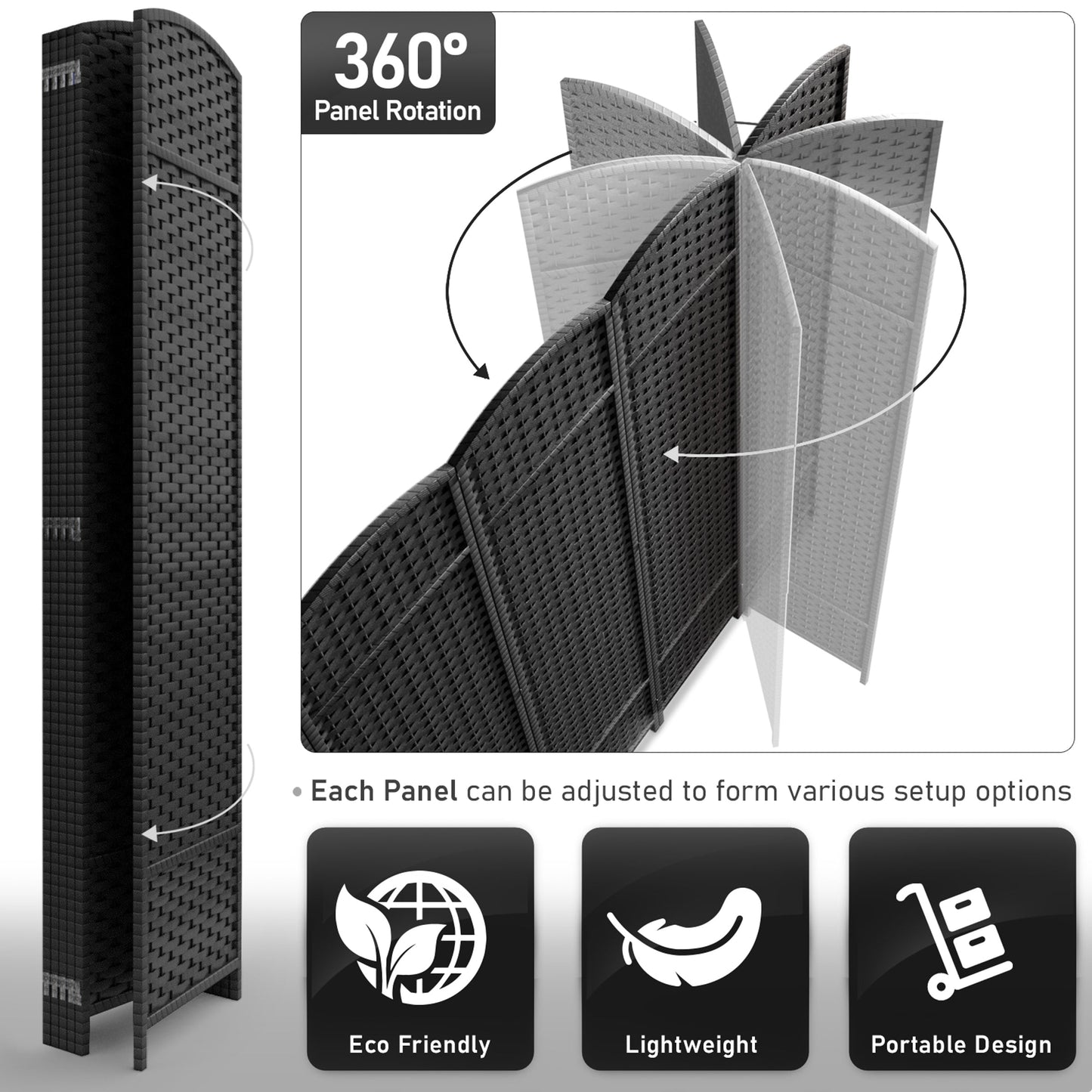 Divisorio per ambienti Sorbus a 6 pannelli, divisorio per la privacy alto, divisorio pieghevole extra largo con doppia cerniera, tessuto a mano, da parete - 6 piedi