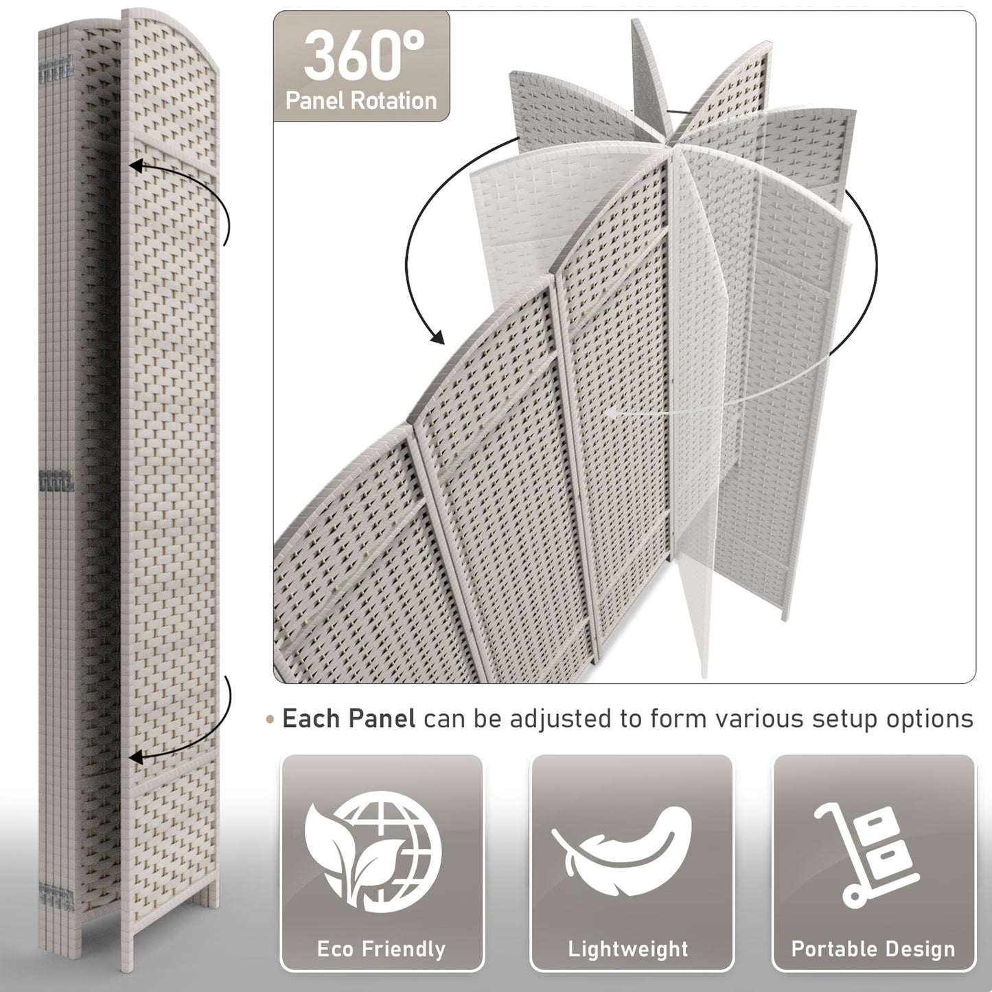 Divisorio per ambienti Sorbus a 6 pannelli, divisorio per la privacy alto, divisorio pieghevole extra largo con doppia cerniera, tessuto a mano, da parete - 6 piedi
